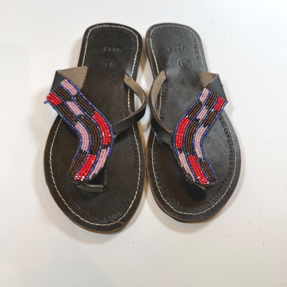 Jack Beaded Leather Sandals 41 Brown Red Pink Blue Handcrafted Thong Flip Flop